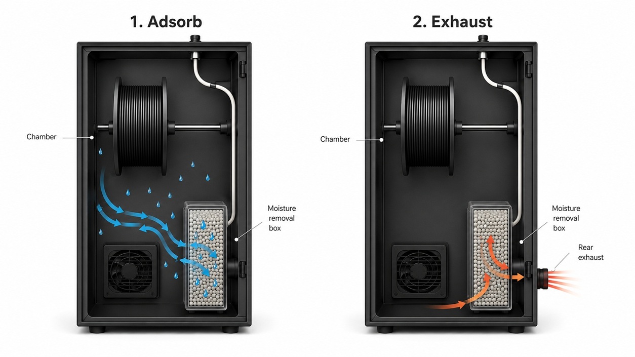 Diagram of the Modix two-stage drying process: adsorption of moisture into molecular sieves, then exhaust of captured water vapor out of the chamber