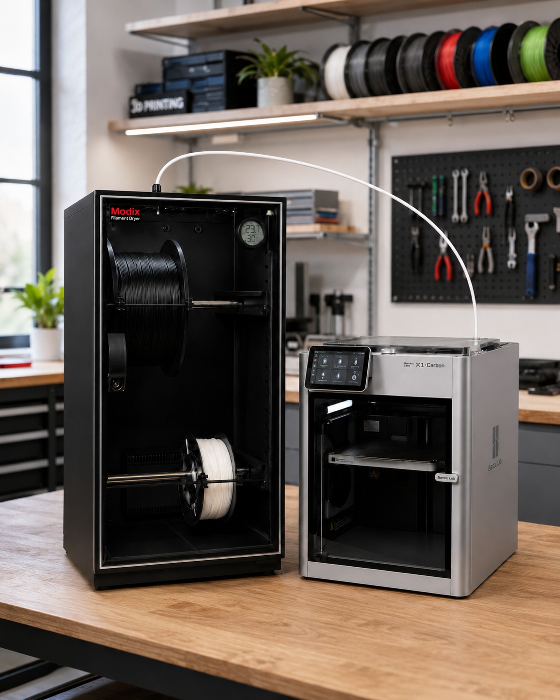 Modix Filament Dryer with two large spools loaded, feeding a desktop 3D printer